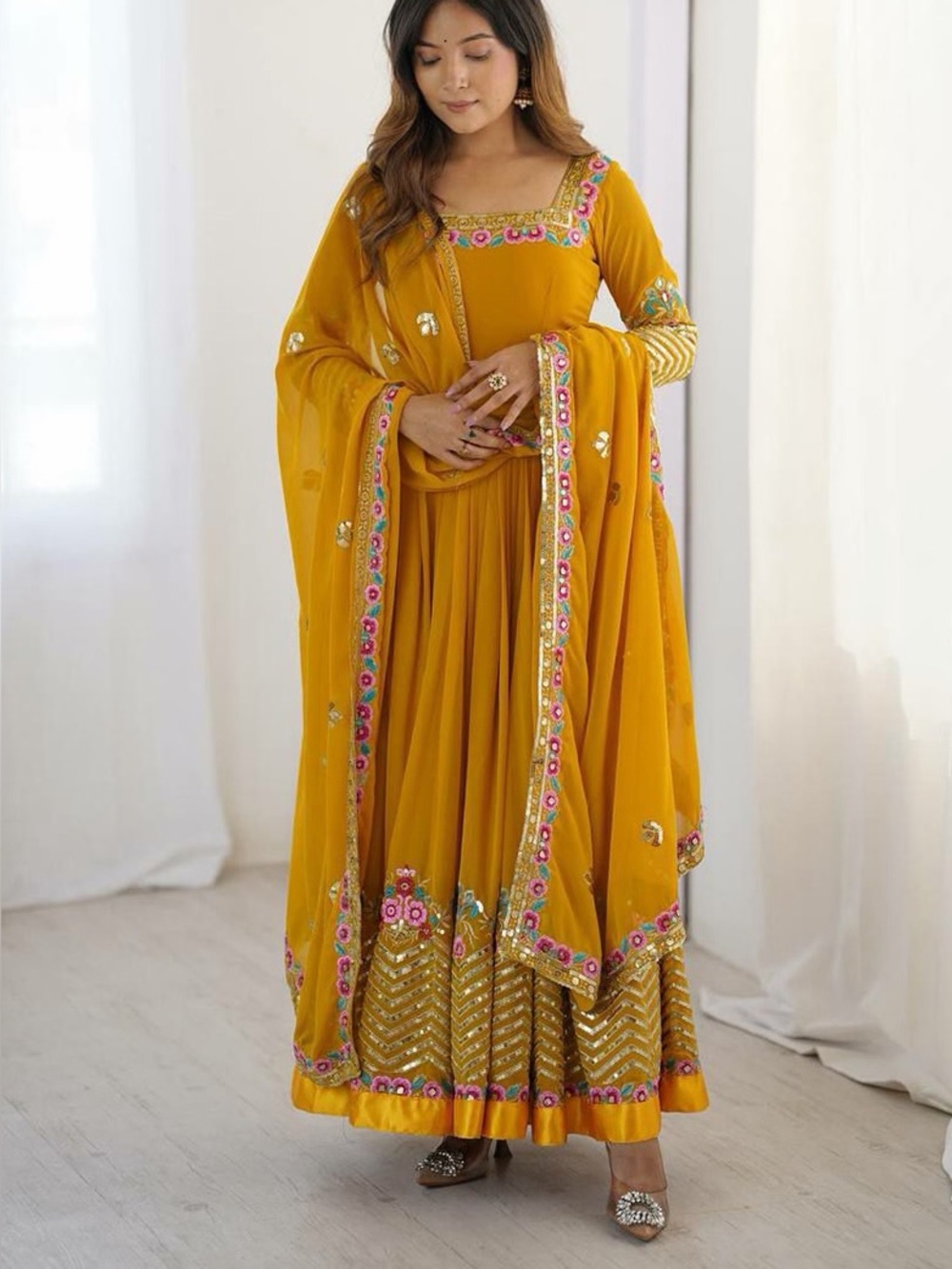 Mustard Yellow Embellished Lehenga Maxi with Floral Trim